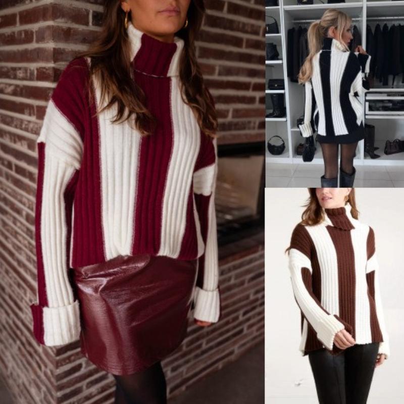2025 New Style, Autumn/Winter, Women's Wear, Striped Knitted Sweater, Splicing, High Neck, Long Sleeve, Sweater, Winter Inner Top