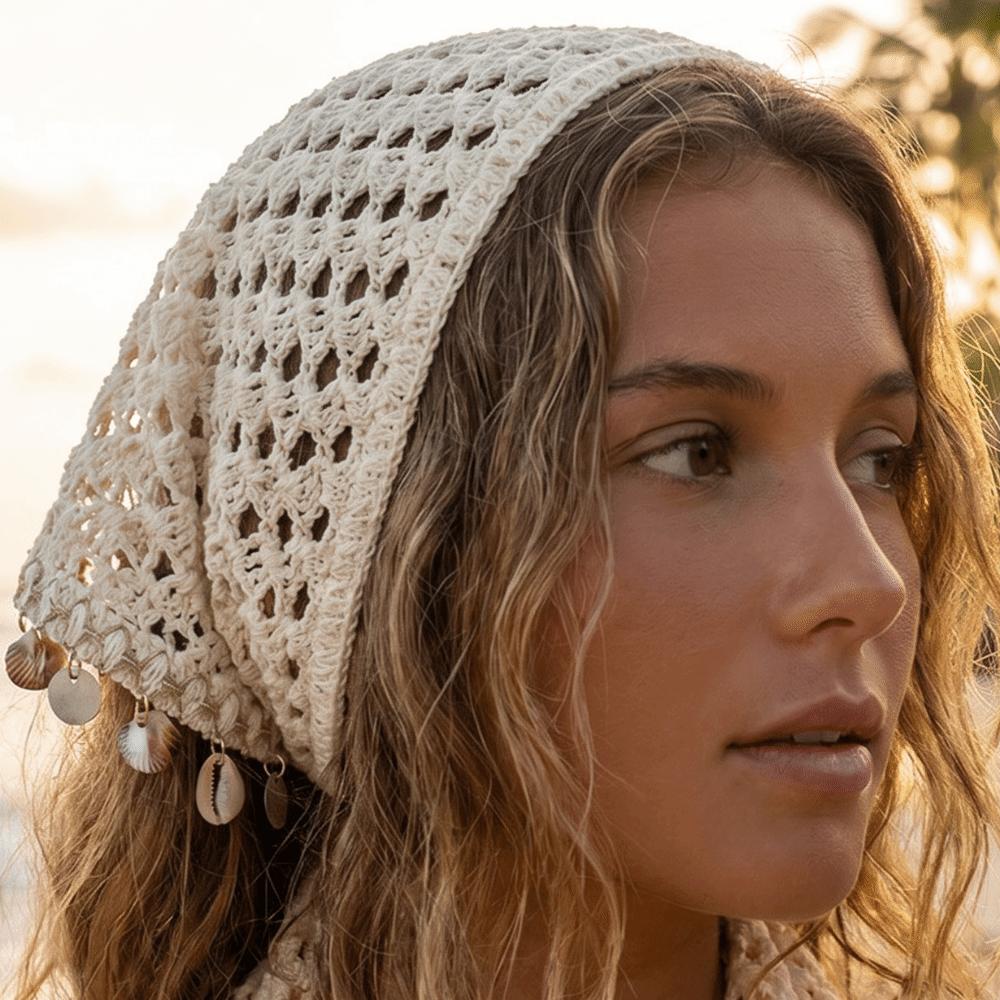 Forest Style Crochet Head Wrap Seashell Tassel Hollow Out Headscarf Vacation Wear