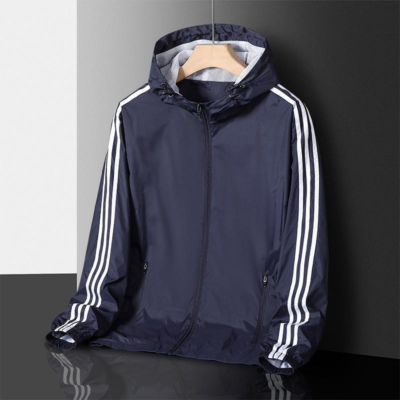 Men's Casual Sports Windbreaker for Spring and Autumn, Thin Design with Three Stripes, Loose Fit, Plus Size Hooded Jacket, Cardigan Jacket