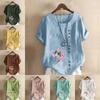 Женская новая модная льняная рубашка с круглым вырезом и коротким рукавом, футболка с цветочным принтом, летняя женская повседневная блузка больших размеров, топы
