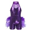 Kids Girls Ballet Latin Dance Costumes Sleeveless Sequins Mesh Splice Cutout Back Leotard Jumpsuit