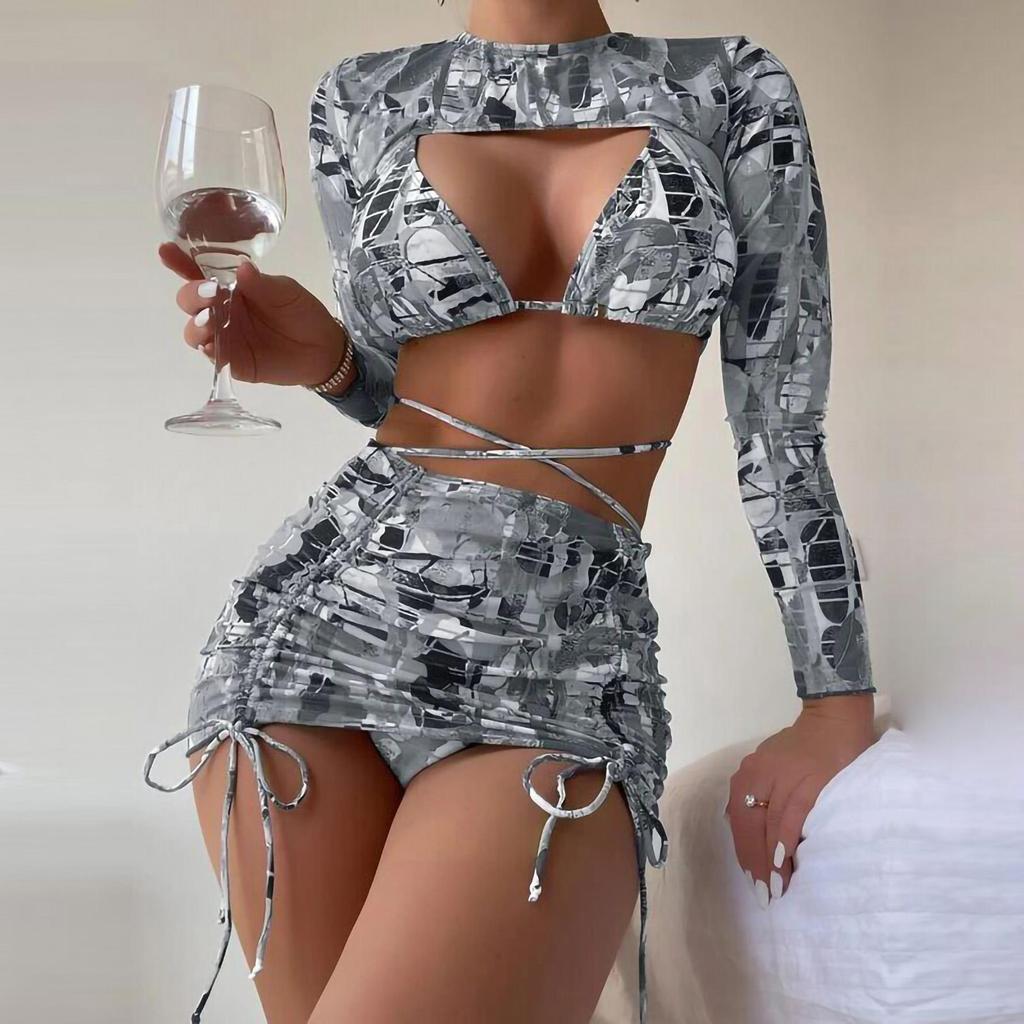 Купальник женский, разделенный комплект из трех предметов, с высокой талией, с кулиской и принтом, с длинными рукавами и круглым вырезом, на шнуровке, бикини, костюмы