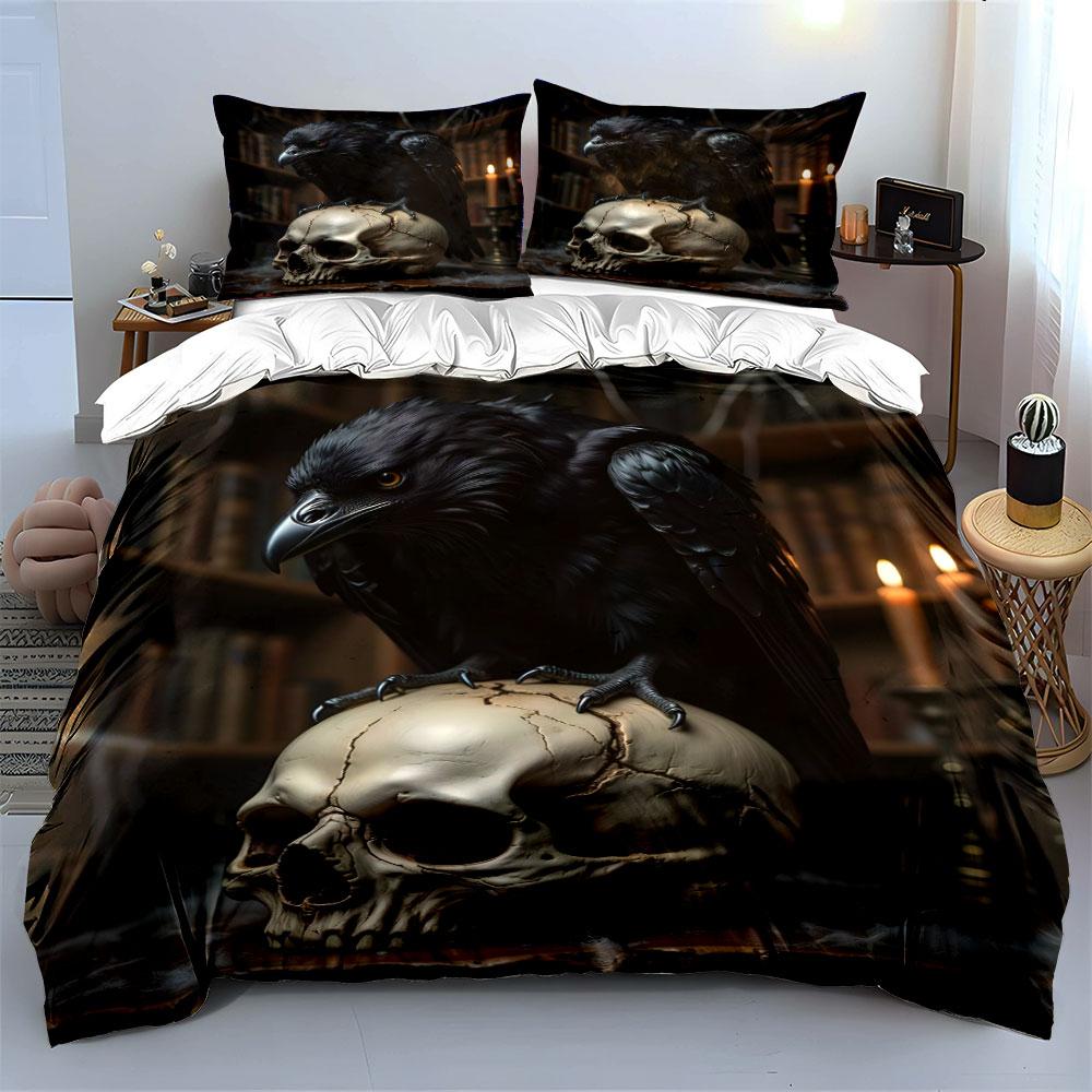 Raven on Skull Gothic Artwork Bedding Duvet Cover Set (1*Duvet Cover 2*Pillowcases, without duvet insert)