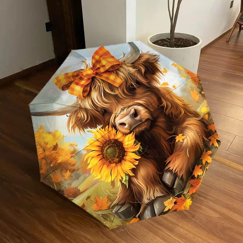 Autumn Plaid Bow Highland Cow Sunflower Outdoor Umbrella - Festival Gift for Fans, Travelers, Daily Use1125253a