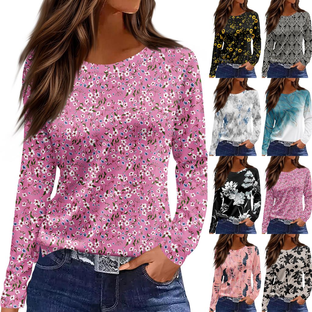 Women's Fashion Casual Slit Hem Round Neck Long Sleeve Loose Printed T-Shirt Ladies Top