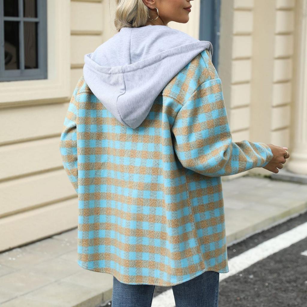 Женский свободный повседневный клетчатый топ с капюшоном и однобортным шерстяным пальто