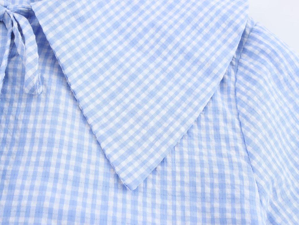 Spring 2025 Women's European & American Plaid Tie-Up Peter Pan Collar Shirt