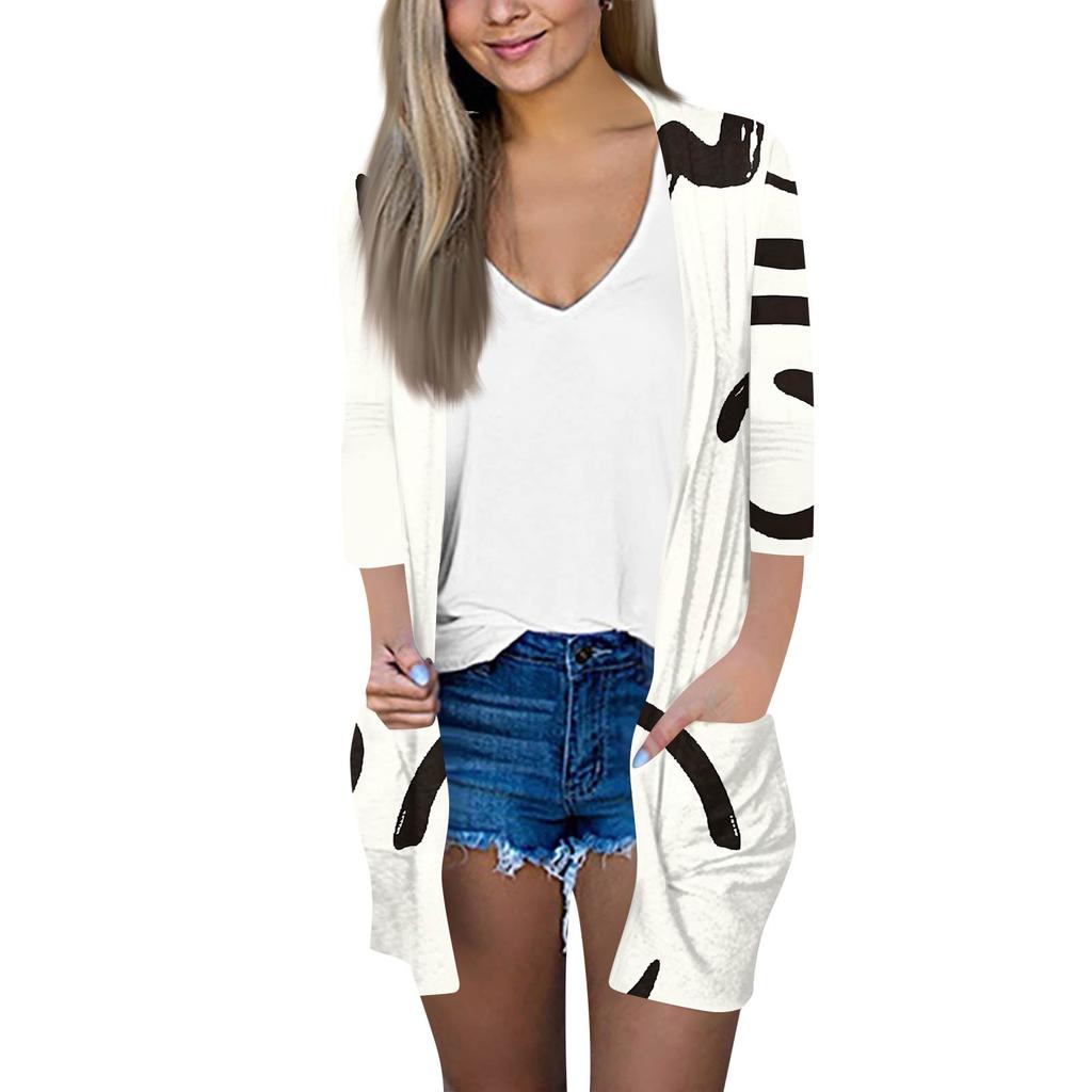 Женский модный свободный повседневный кардиган с принтом и карманами, куртка с рукавом семь восьмых, топ