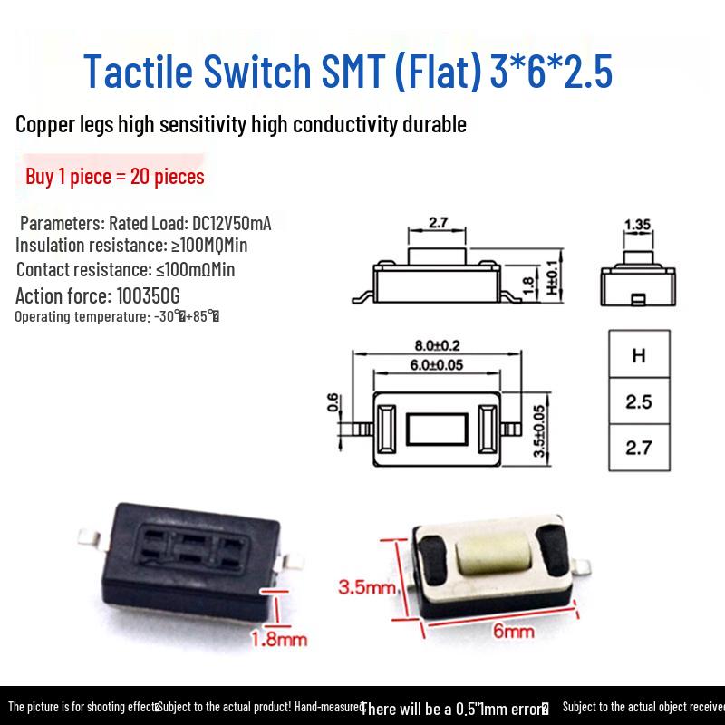 Waterproof Micro Tactile Switch, 4-Pin, 6x6mm, SMD/Through-Hole, Side Press, Self-Locking