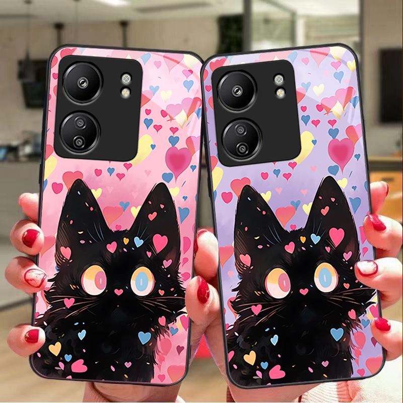 Милый маленький черный котик для Xiaomi Redmi 13C Note13 12 Pro Plus 5G Note 9 13T Pro POCO X6 F5 F6 Черный чехол для телефона из закаленного стекла