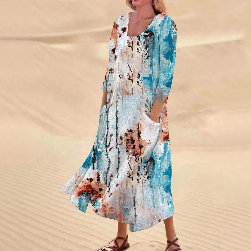 Женское повседневное модное удобное платье с карманами и рукавами 3/4 с принтом