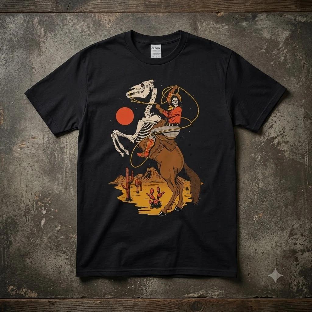 Cowgirl Horror Graphic T-Shirt Spooky Western Skeleton Cute Halloween Tee