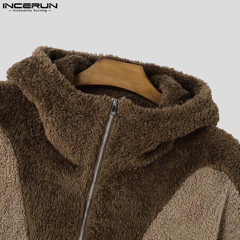 INCERUN Мужские толстовки с длинным рукавом и молнией с мехом, повседневные толстовки с высоким воротом в стиле пэчворк
