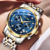 PINDOWS Luxury Quartz Chronograph Watch with Date Large Waterproof Business Stainless Steel Luminous Diamond Accents Men's Display, Dial, Watch, Band,