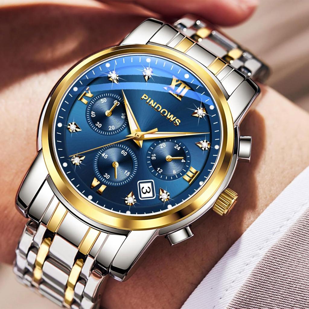 PINDOWS Luxury Quartz Chronograph Watch with Date Large Waterproof Business Stainless Steel Luminous Diamond Accents Men's Display, Dial, Watch, Band,