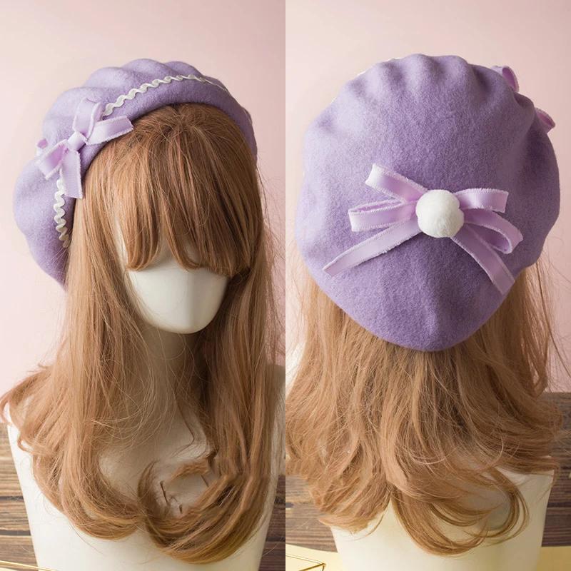 Handmade Women Wool Felt Beret Lolita Girls Cute Hat With Raised Bowknot Painter Beanie Cap