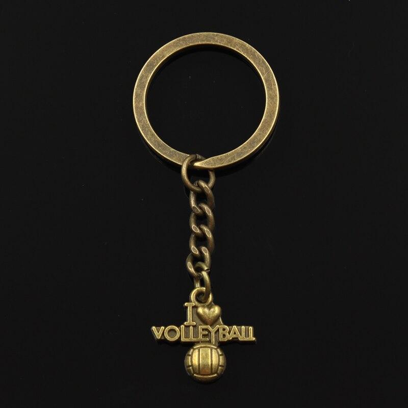 Fashion 30mm Key Ring Metal Key Chain Keychain Jewelry Antique Bronze Plated I Love Volleyball 21x20mm Pendant