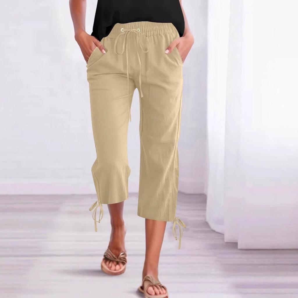 Женские повседневные однотонные свободные прямые укороченные брюки из хлопка и льна с завязками на шнурке и карманами