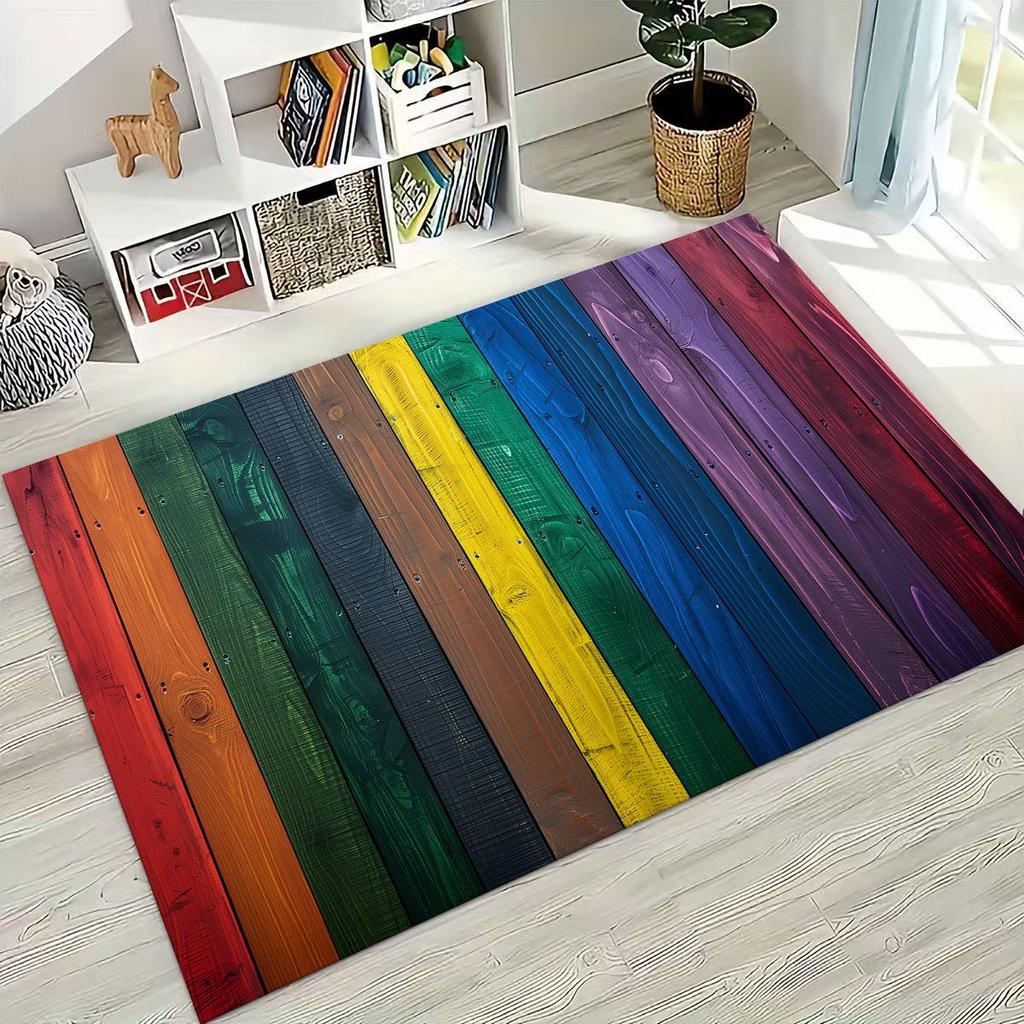 Rainbow Retro Wooden Board Black Brown Wood Grain Rug for Bedroom Living Room Sofa Home Doormat Decor,Large Non-slip Floor Mat