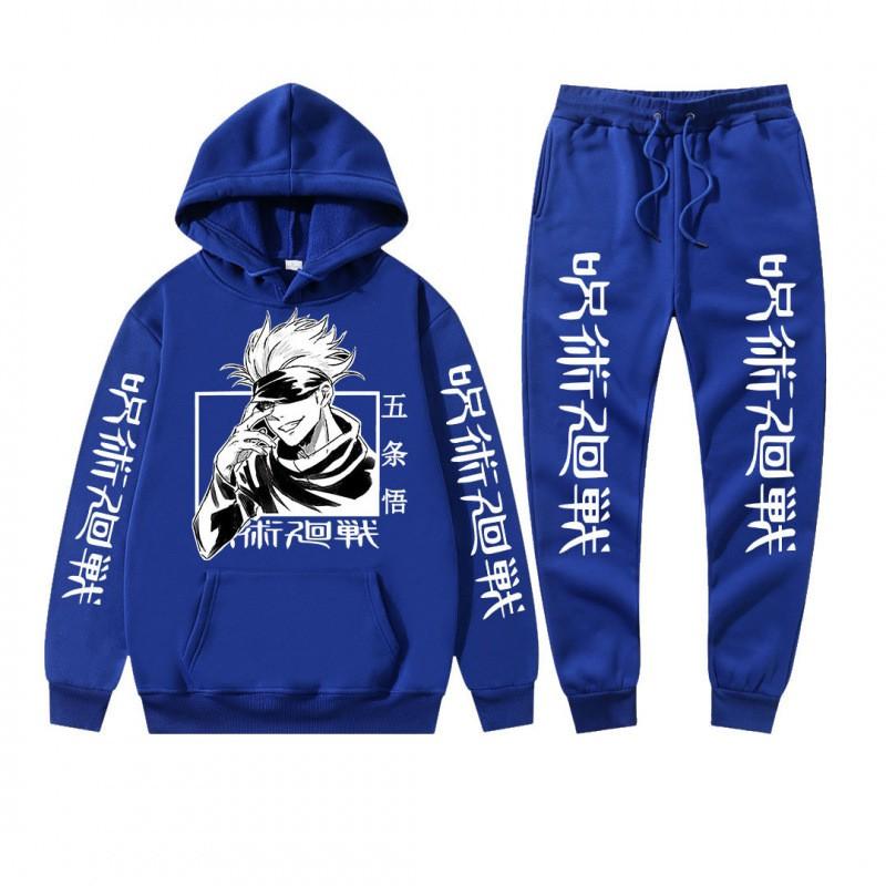 Mens Winter Hooded Sweatshirt Set With Jujutsu Kaisen Gojo Satoru Print Thick Casual Streetwear Tracksuit