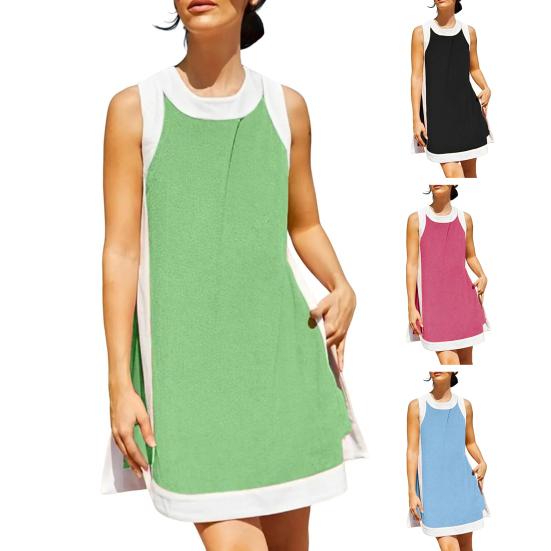 Комплект из двух вещей для женщин Летние наряды в стиле бохо с цветными блоками Без рукавов Круглый вырез Разрез сбоку Мини-платье Повседневные комплекты с шортами для отдыха