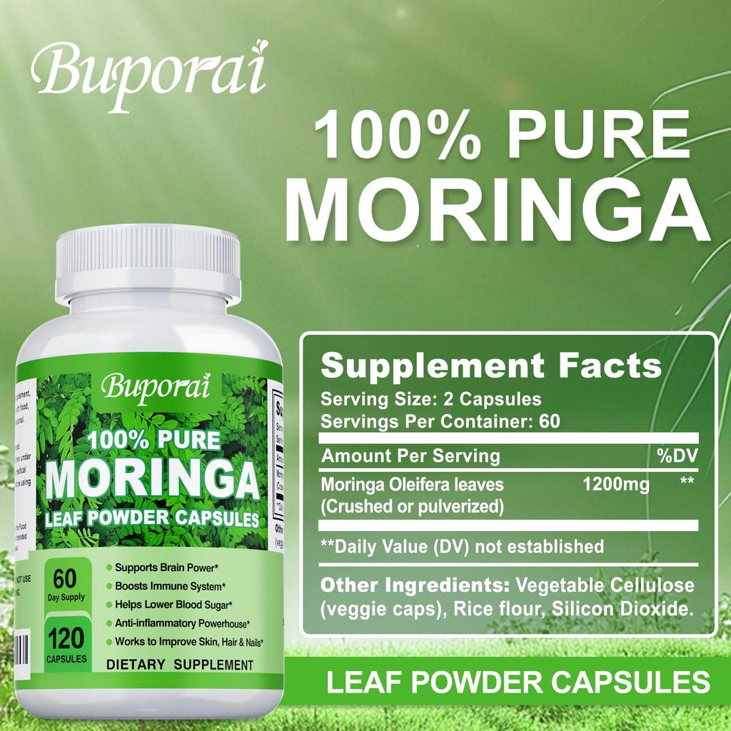 Moringa Capsules, 120 vegan moringa leaf powder capsules, an anti-inflammatory supplement that boosts the immune system, energy, and brain function.