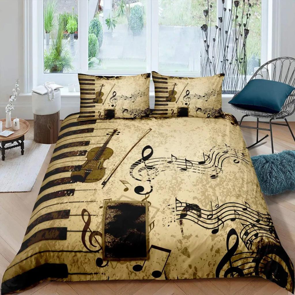Music Bedding Set Piano Keyboard Music Note Duvet Cover Queen Size Bed Linen Comforter Microfiber Guitar Polyester Bedding Sets