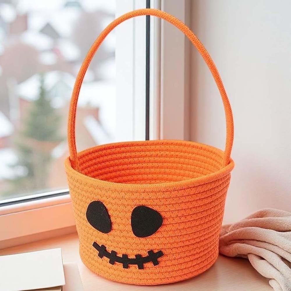 Braided Pumpkin Candy Bucket Orange Trick Treat Tote Kids Gift Hamper Woven Storage Pouch Teachers
