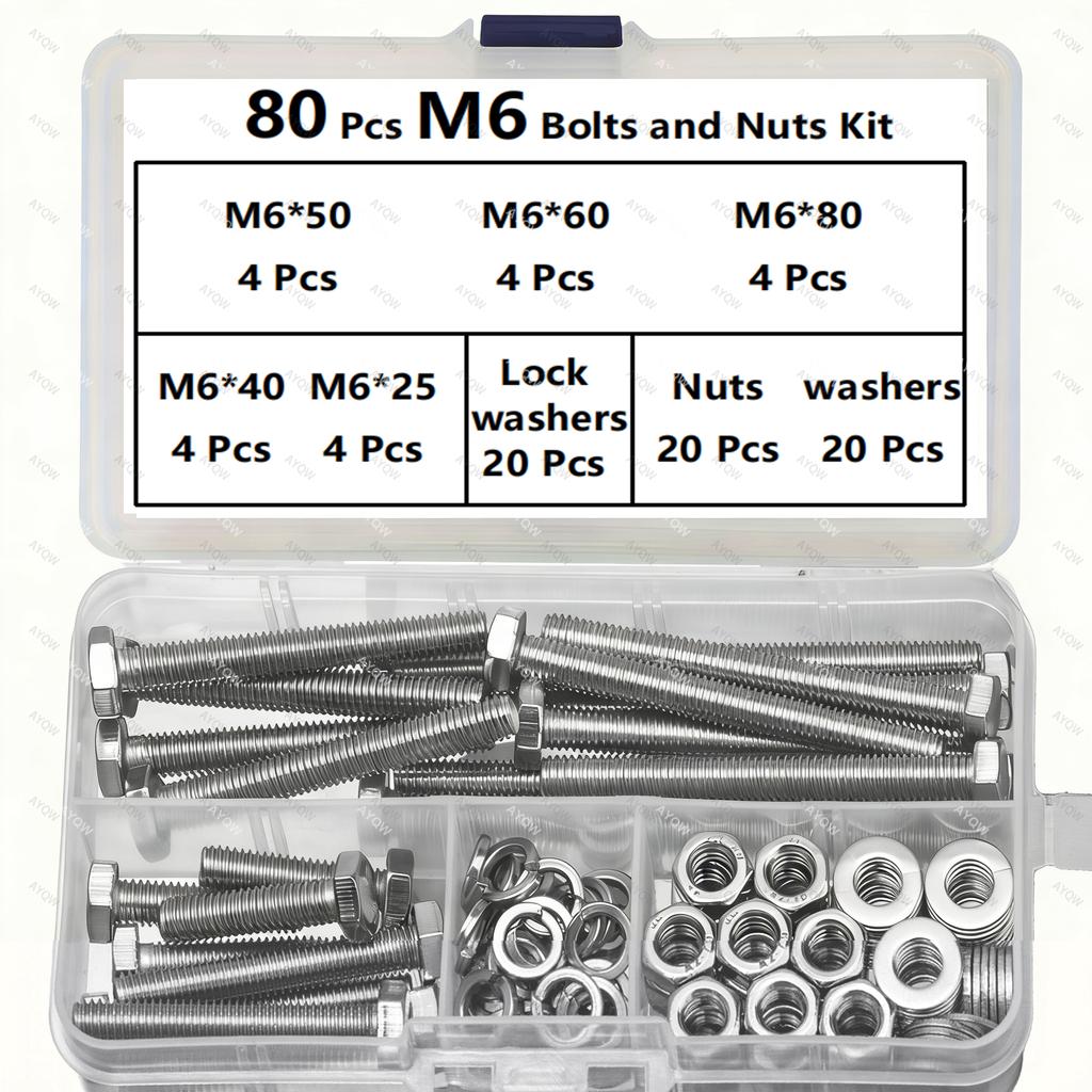 176pcs Stainless Steel M6, M8, M10 Bolts and Nuts Set with Washers - Heavy Duty Industrial Fasteners