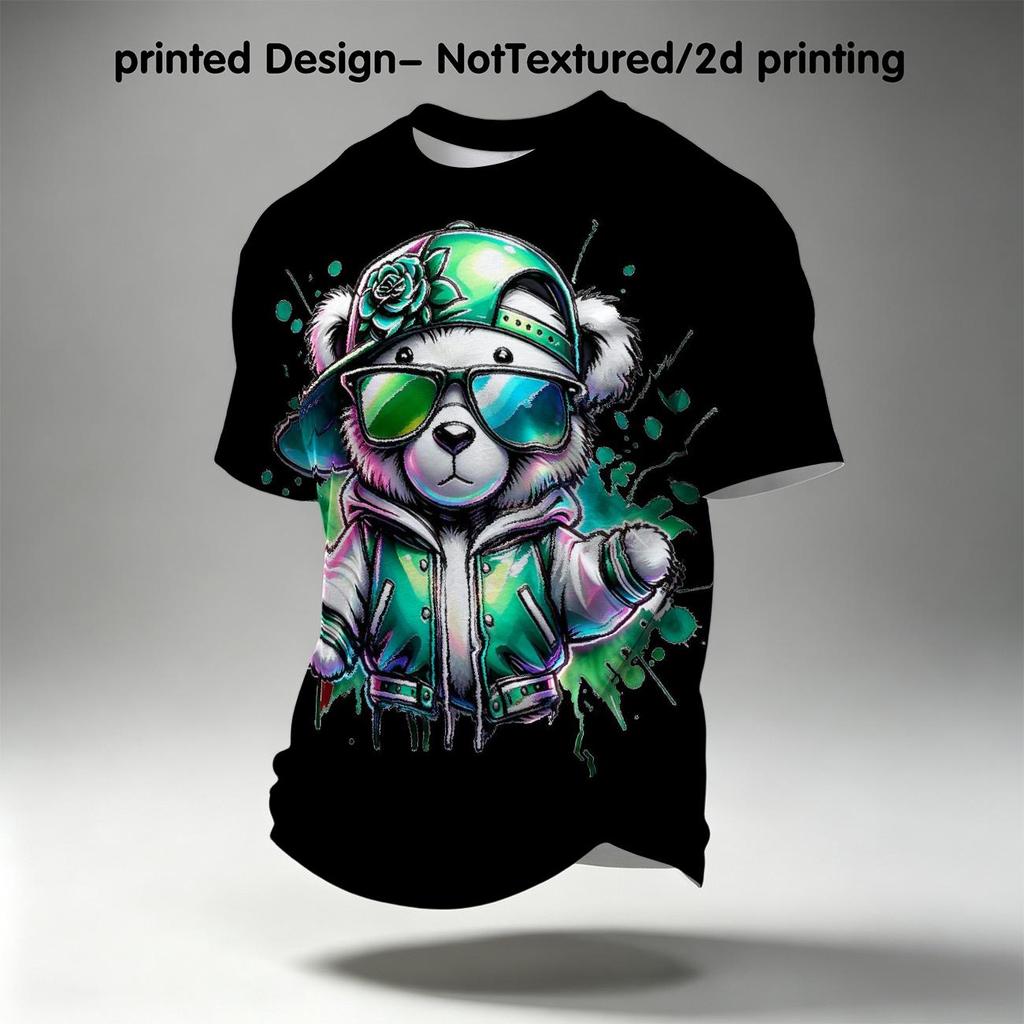 Men's Cool Hip‑Hop Teddy Bear Crew Neck T‑Shirt, Green Splash Art Street Style Bear With Sunglasses & Cap Graphic Casual Short Sleeve Tee