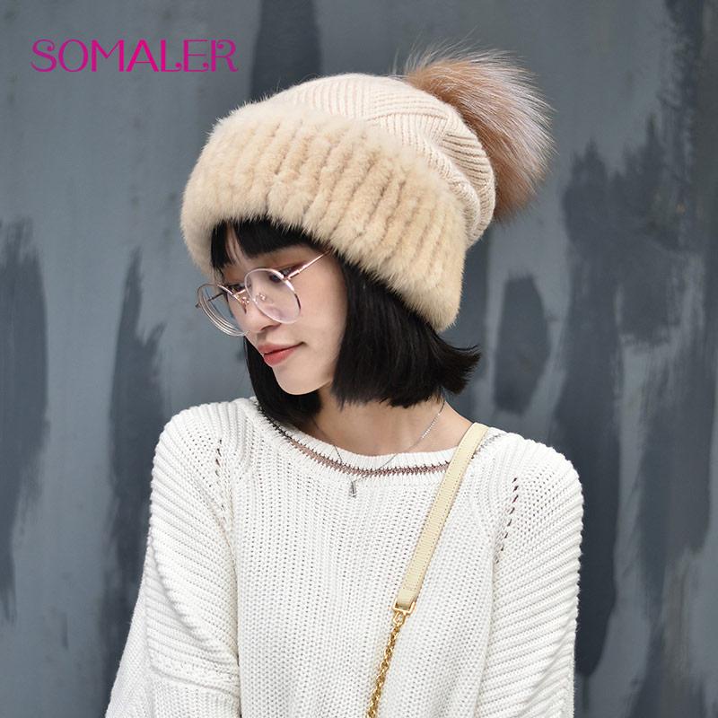 Winter Mink Fur Knitted Wool Hat for Women Fox Fur Pompom Slouchy Beanie Fashion Warm Style Cap Baggy Crochet Hat