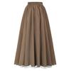 Women Lace Stitching Side Pleated Maxi Skirt Solid Color Double Layer Long Skirt Elastic High Waist Retro A Line Skirt