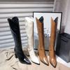 Сапоги выше колена для женщин, осенние и зимние стили, остроносые, с острым носком и толстым каблуком, узкие сапоги «Челси» с V-образным вырезом