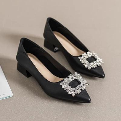 Мода Острый Носок Массивный Каблук Женская Обувь Стразы Бриллиант Женские Туфли Квадратный Блок Каблук с Кристаллами Средний Корейский Стиль Молодежный