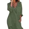 Women Summer Lapel V Neck Shirt Dress Solid Color Pockets Design Side Split Loose Fit Thin Midi Dress Beach Holiday Dress
