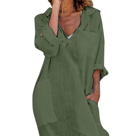 Women Summer Lapel V Neck Shirt Dress Solid Color Pockets Design Side Split Loose Fit Thin Midi Dress Beach Holiday Dress