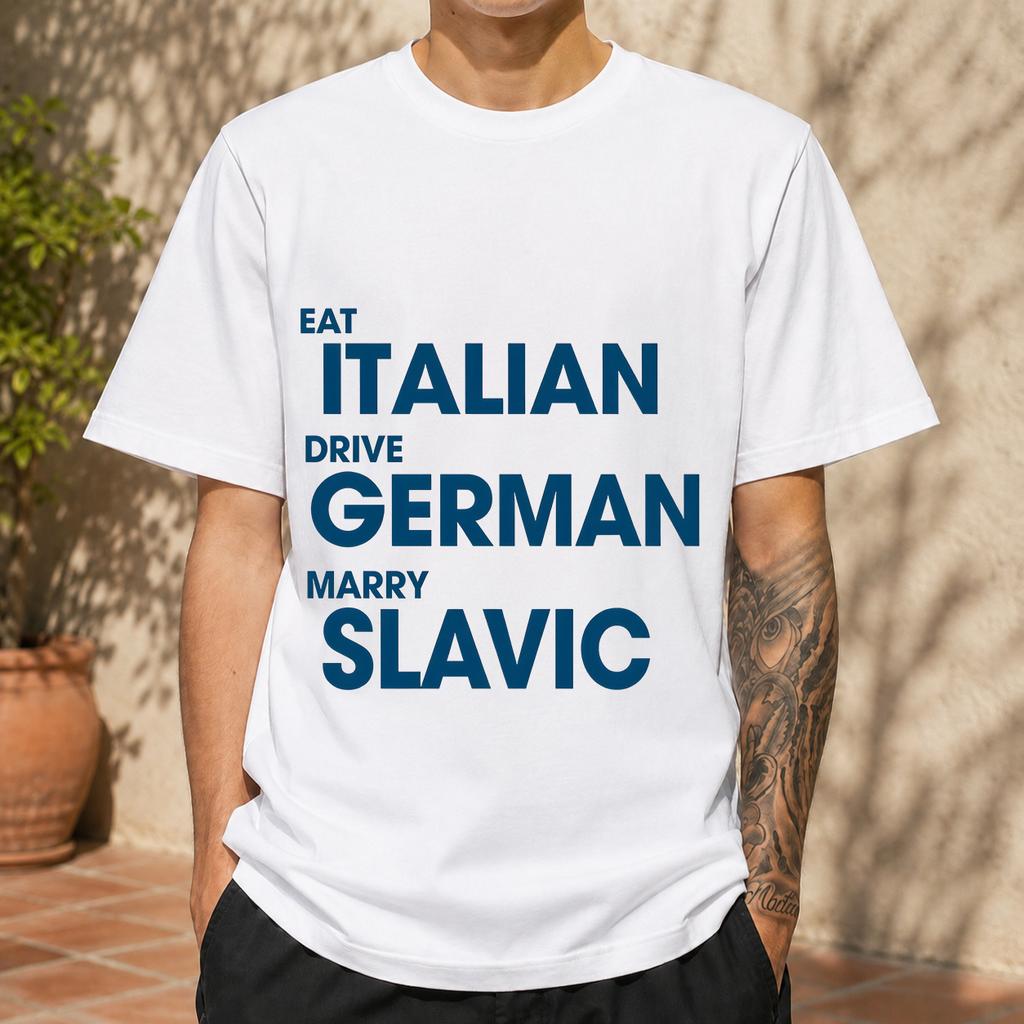 2026 New Pure Cotton Tshirt Eat Italian Food Drive Gerunisex Cars Marry Slavic Unisex European Meme Print Round Neck Short Slee