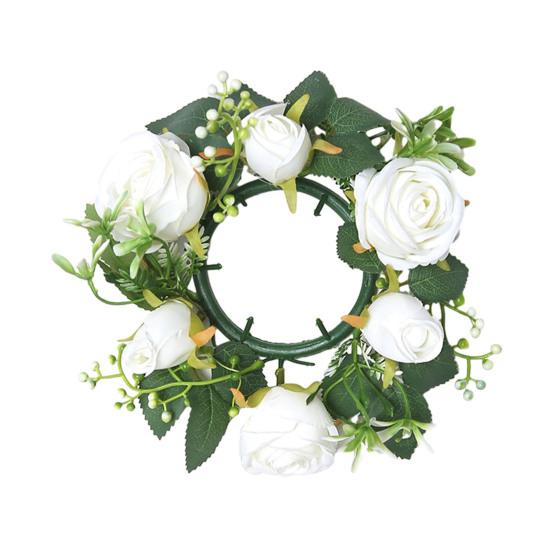 Mini Artificial Wreath Candle Ring Realistic Faux Rose Garland with Plastic Base Candle Wine Decoration Weddings Party Dining Table Centerpiece
