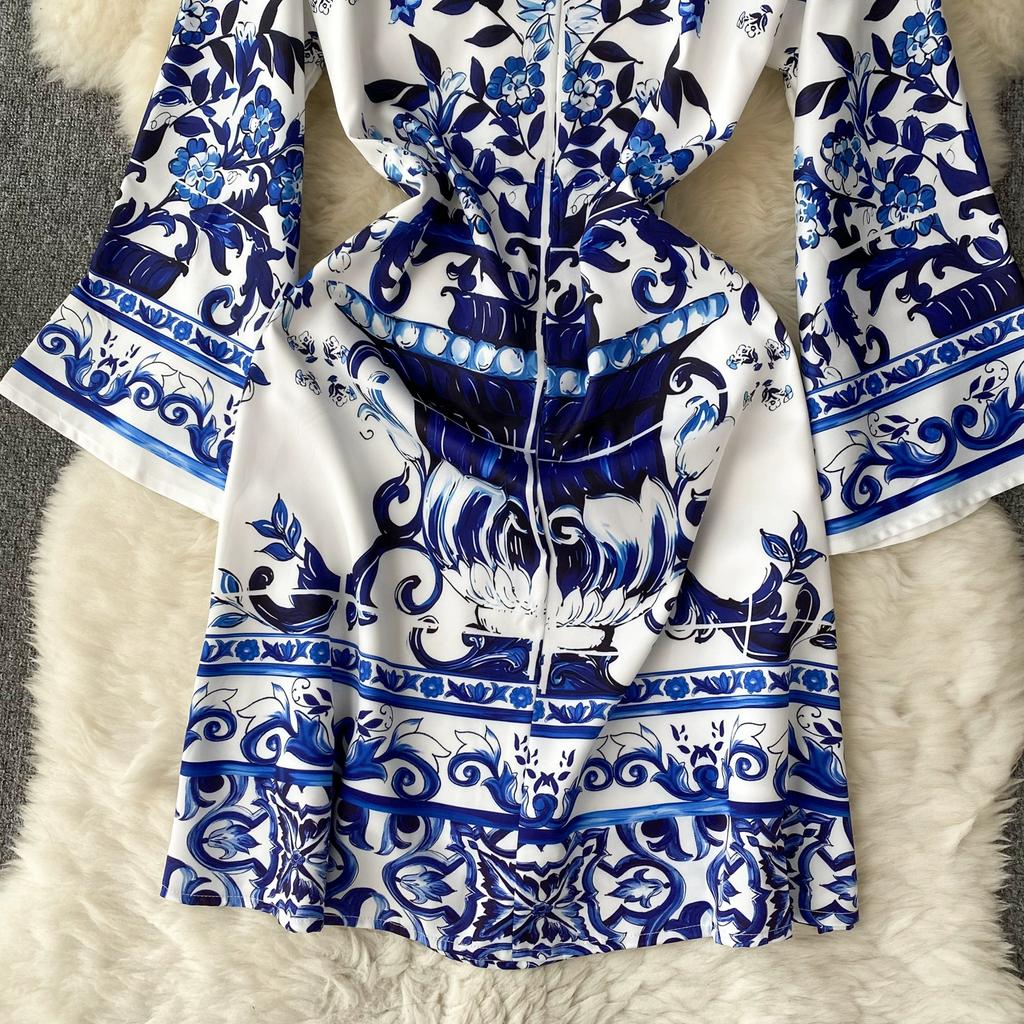 Autumn Vintage Brand Designer Print Runway Dresses Women Flare Sleeve Mini Short Party Dress