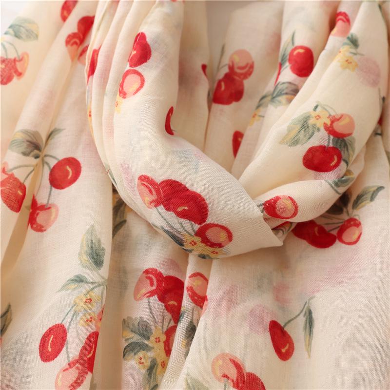 2023 Spring/Summer Sweet Style Cartoon Cherry Cotton Linen Scarf for Women