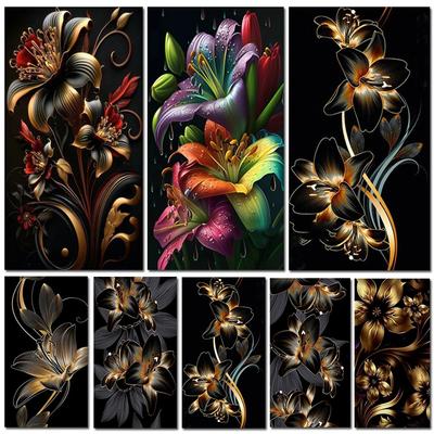 5D DIY Алмазная картина Золотые и черные цветы лилии Алмазное искусство Полный дрель Набор для вышивки крестом Большой размер Декор для декоративно-прикладного искусства U3