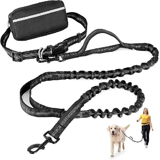 Hands Free Dog Leash with Zipper Pouch, Retractable Bungee Waist Leash with Dual Padded Handles & Waist Belt Fanny Pack for Medium & Large Dog