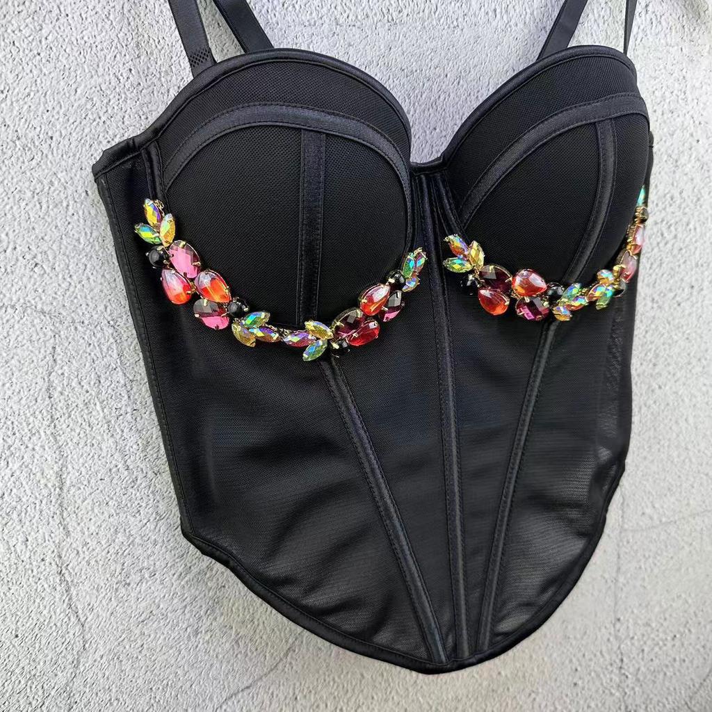 Французский корсет «рыбий хвост» с цепочкой, усыпанной бриллиантами, майка в стиле нижнего белья для женщин, нижнее белье, верхняя одежда, сетчатый пояс, майка без бретелек, майки