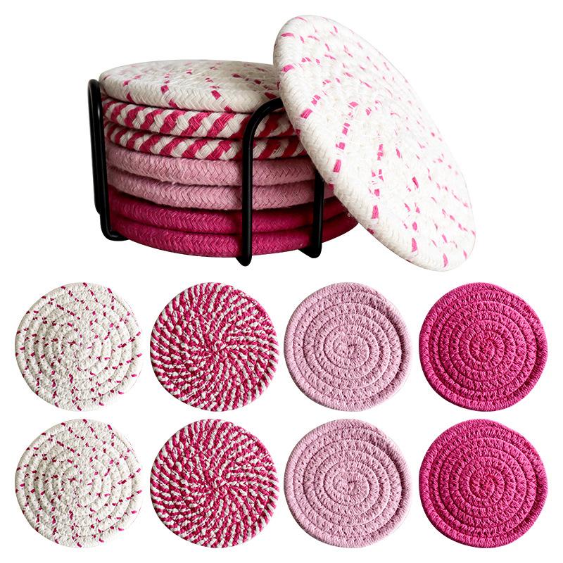 8Pcs Cup Coasters for Drinks Absorbent Woven Coaster Set with Holder Farmhouse Cloth Fabric Cup Coasters for Coffee Tea