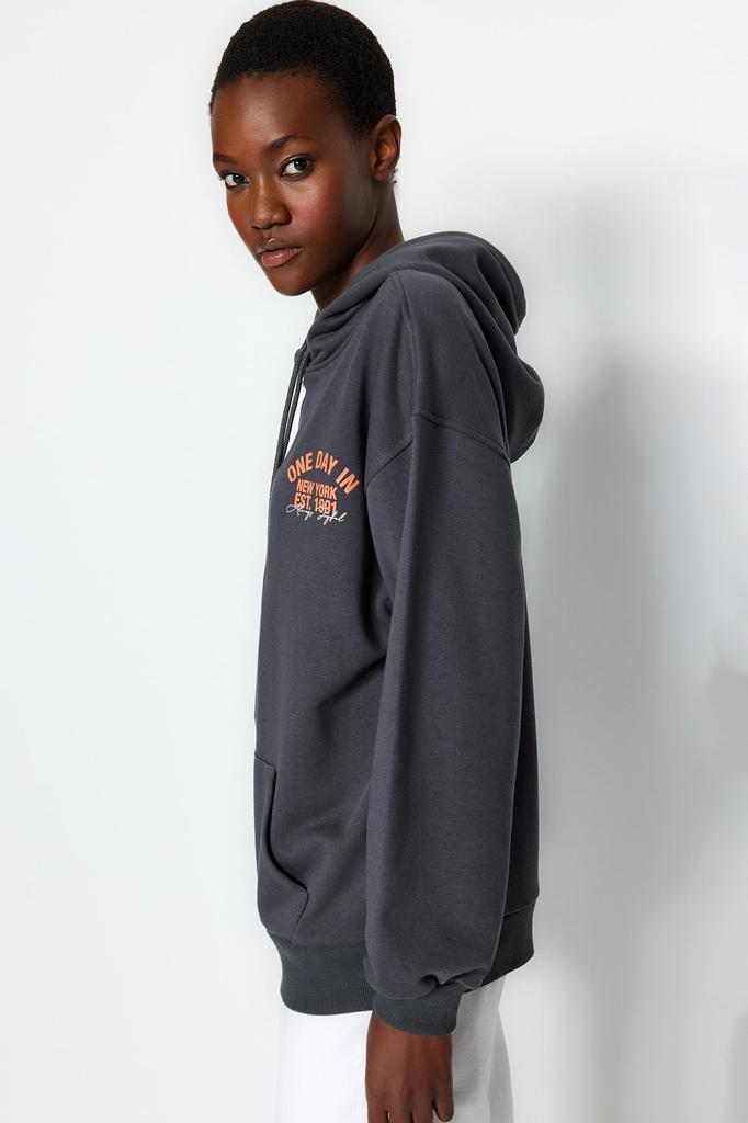 Женская мода стильная толстовка антрацитовый слоган с принтом оверсайз с капюшоном толстая вязаная толстовка