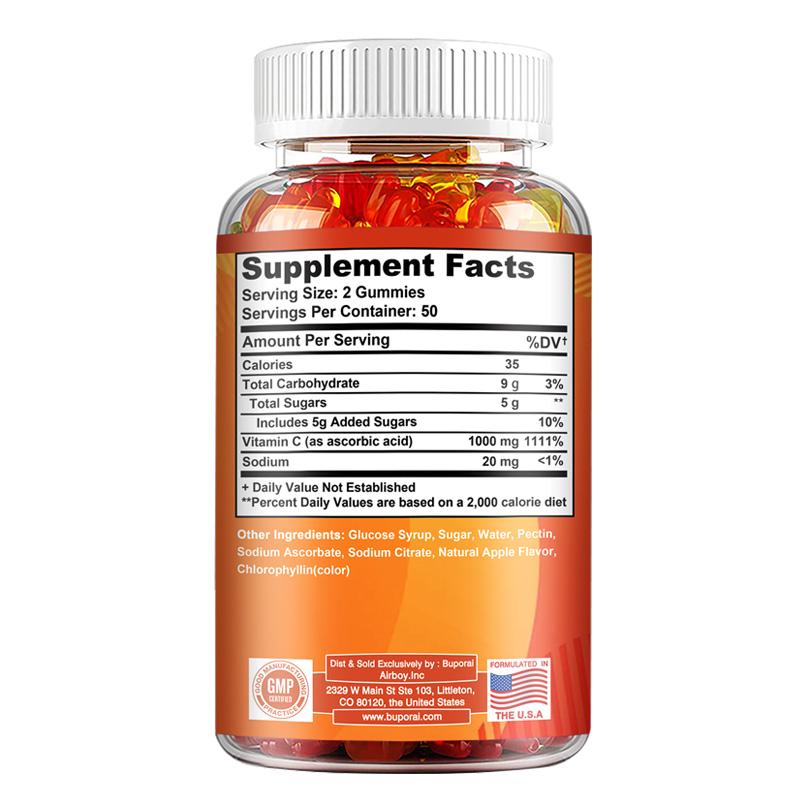 Buporai Vitamin C Gummies, containing 1000 mg, provide immune support, are all-natural, and suitable for both men and women.