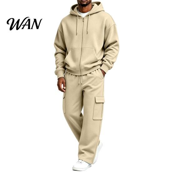 Easy Care Machine Washable Sportswear 2Pcs/Set Men Tracksuit Set, Hooded Jacket Cargo Jogger Sweatpants Everyday Lounge Wear Sets Solid Color