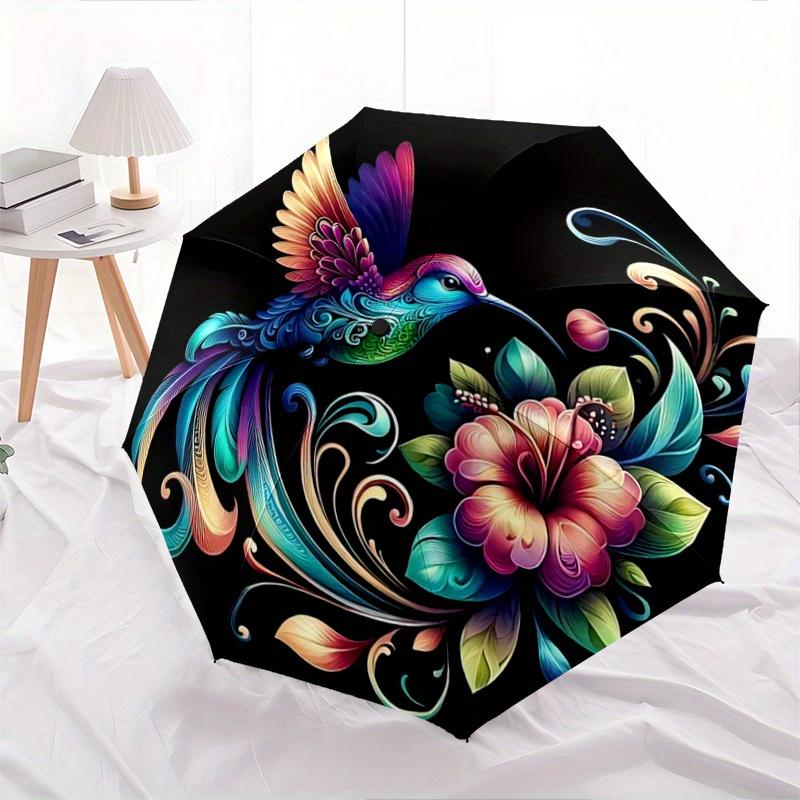 1pc Colorful Hummingbird with Floral Fantasy Pattern Beautiful Looking Automatic Folding Umbrella, 3 Folding, 8 Iron Frame Design, Durable and Su