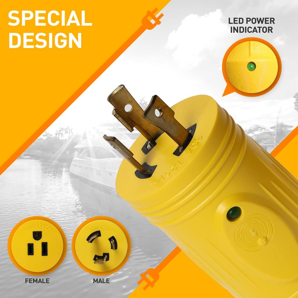 Адаптер берегового питания Marvine 30A с замком, штекер L5-30P на розетку 15A5-15R (со светодиодом) дисплей
