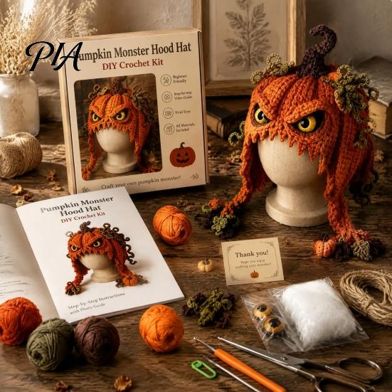 Parent Child Art Project Highland Cow Hat Crochet Kit, Halloween Pumpkin Spider Hood Handmade Winter Headwear DIY Craft Kit for Adults Teens Diy